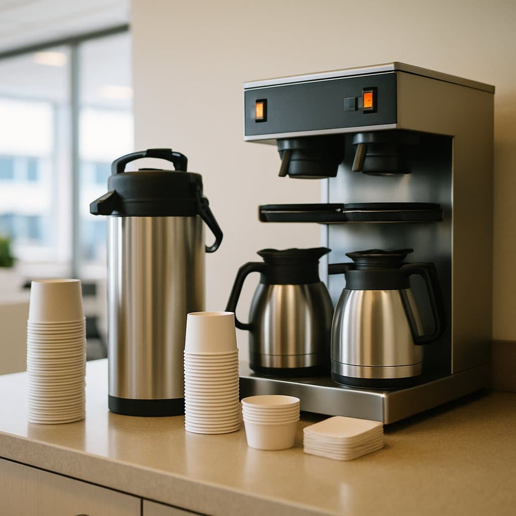 A bean-to-cup coffee brewer beside a single-serve machine on a tidy Waco, TX office coffee station