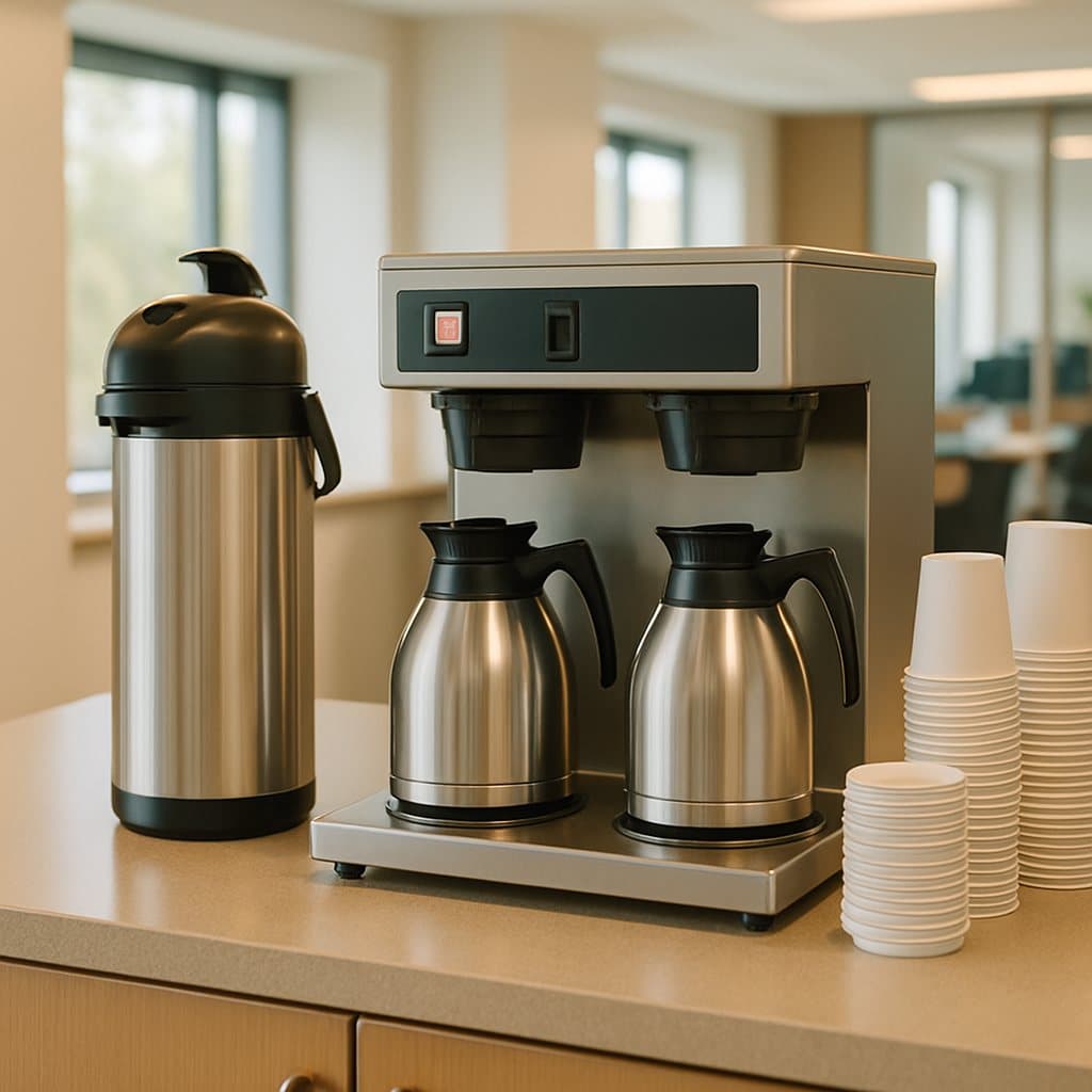 A bean-to-cup brewer and a compact single-serve machine side by side on a tidy Woodway, TX office coffee counter