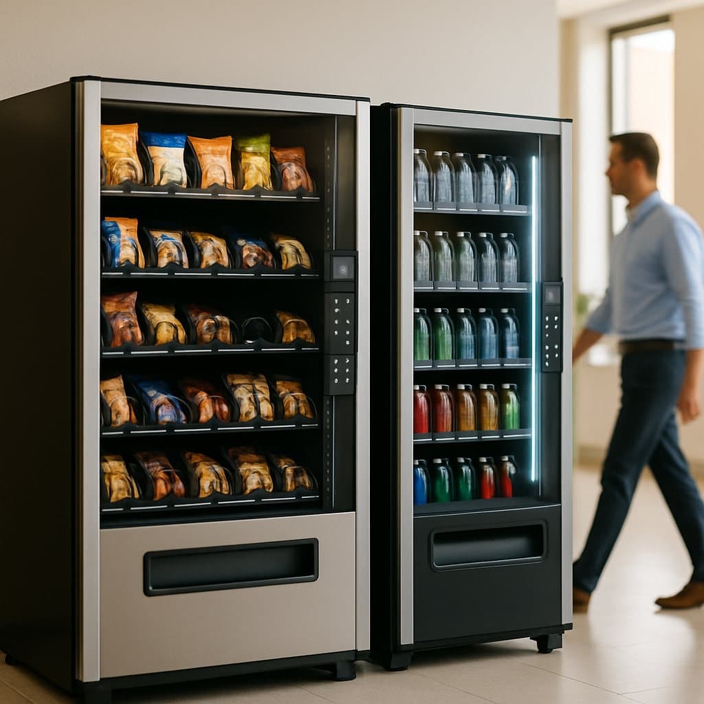 A modern vending machine stocked with healthy snacks, water, and better-for-you drinks in a Waco, TX office breakroom