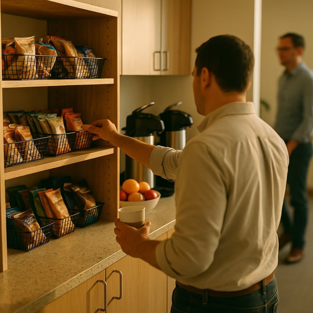 A thoughtfully stocked office pantry with snacks, coffee, and fresh fruit in a Waco, TX breakroom