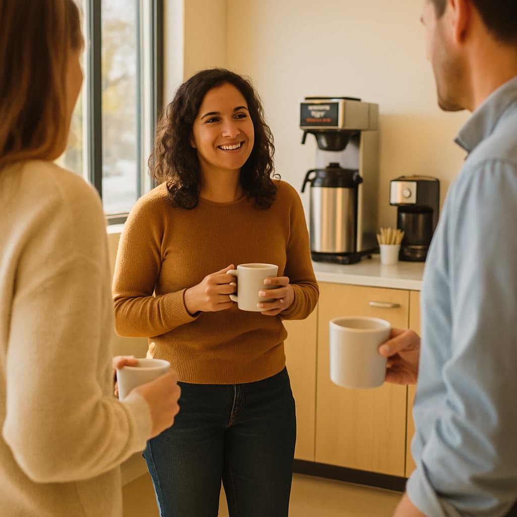 Coworkers sharing a relaxed moment around a fresh coffee station in a Waco, TX office breakroom