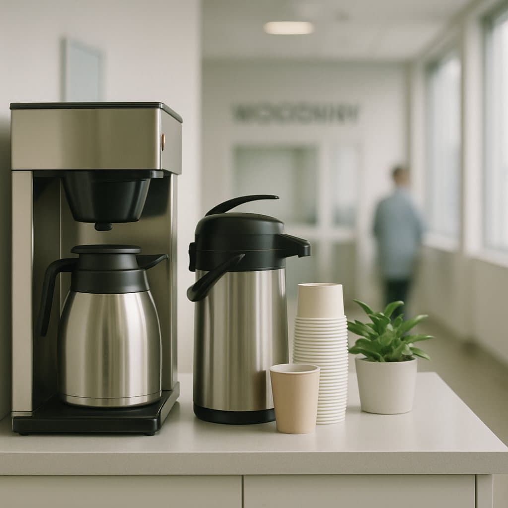 A clean self-serve coffee station in the waiting room of a Woodway, TX medical clinic