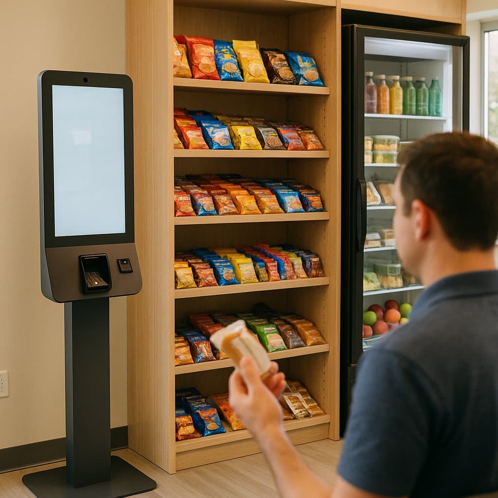 A bright workplace micro-market with open shelving and a self-checkout kiosk in a Waco, TX breakroom
