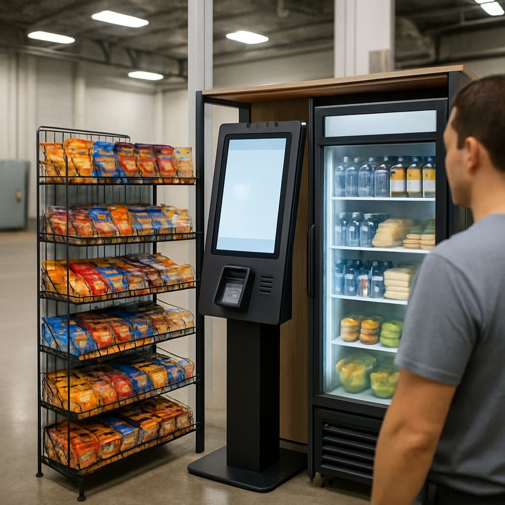 A self-checkout micro-market with coolers of fresh meals serving a large distribution center crew in Bellmead, TX