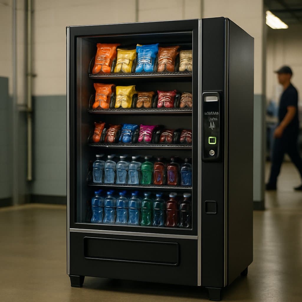 A cashless vending machine stocked with drinks and protein snacks on a Waco, TX manufacturing plant floor at night