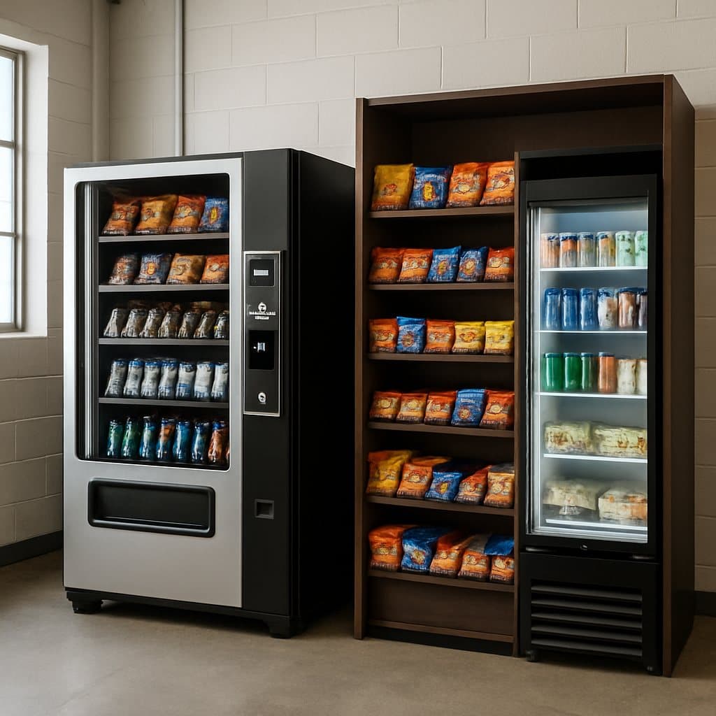 An open micro-market with coolers of fresh meals beside vending machines in a large Waco, TX warehouse breakroom