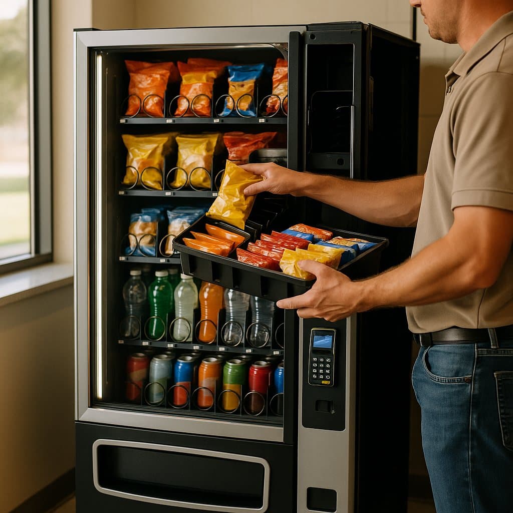 A modern cashless vending machine being stocked in a Waco, TX office breakroom