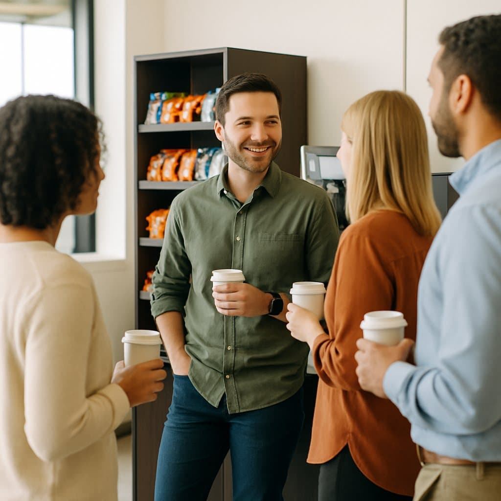 A welcoming workplace breakroom with a coffee station, open market shelving, and snacks in Hewitt, TX