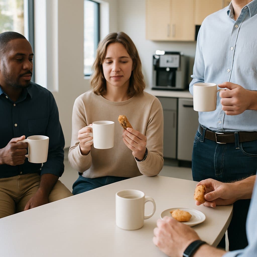 Coworkers sharing a relaxed break in a thoughtfully stocked breakroom at a growing Hewitt, TX business