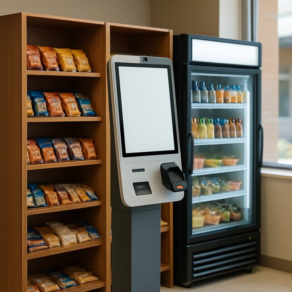 A compact workplace micro-market with open shelving, a cooler, and a self-checkout kiosk tucked into a Waco, TX breakroom