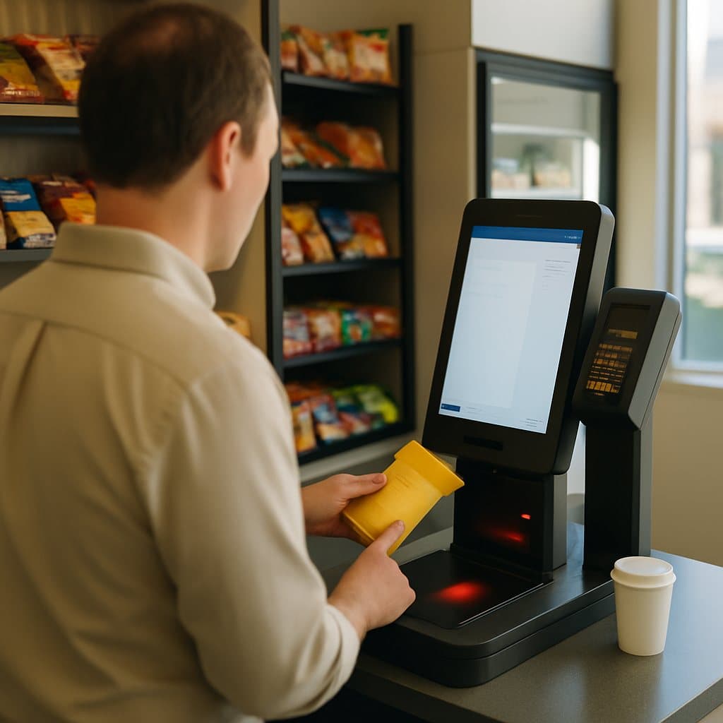 An open micro-market with shelving and a self-checkout kiosk beside a vending machine in a growing Woodway, TX office breakroom