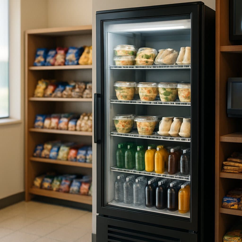 An open micro-market with refrigerated fresh food and a self-checkout kiosk in a Hewitt, TX manufacturing plant breakroom