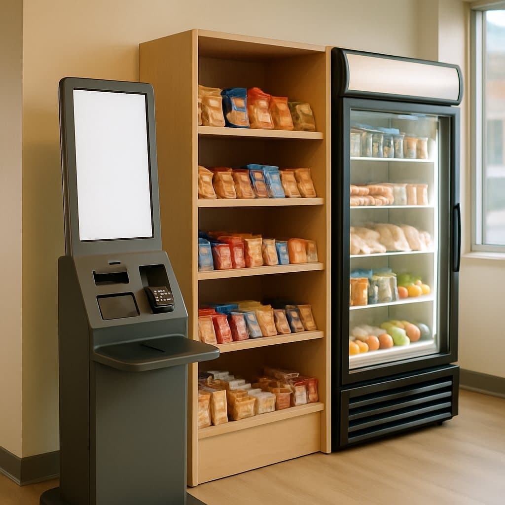 A bright shared micro-market with open shelving and a self-checkout kiosk in a Woodway, TX office building break area