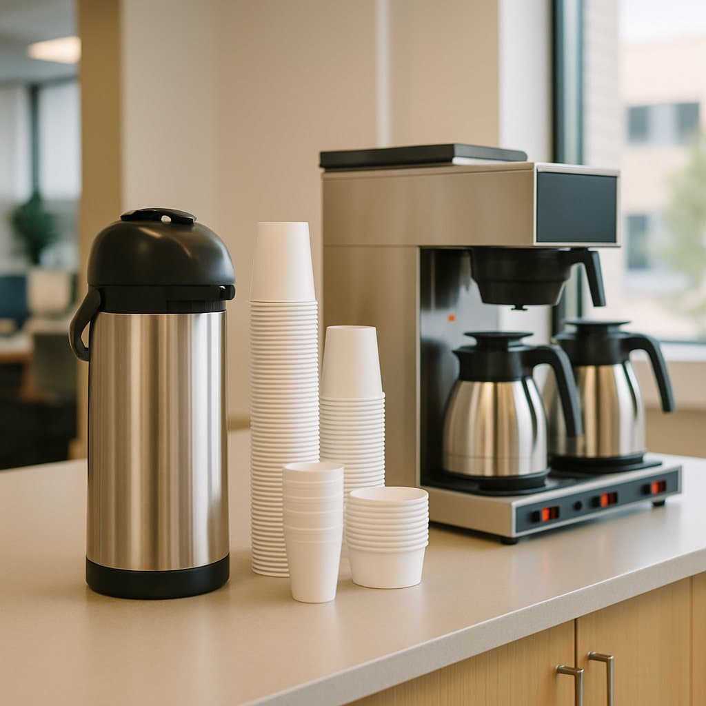 A tidy single-serve coffee station in a small Hewitt, TX office breakroom with mugs and supplies ready