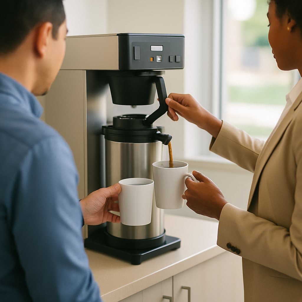 A tidy guest-ready coffee station on a counter in a Woodway, TX dental office reception area
