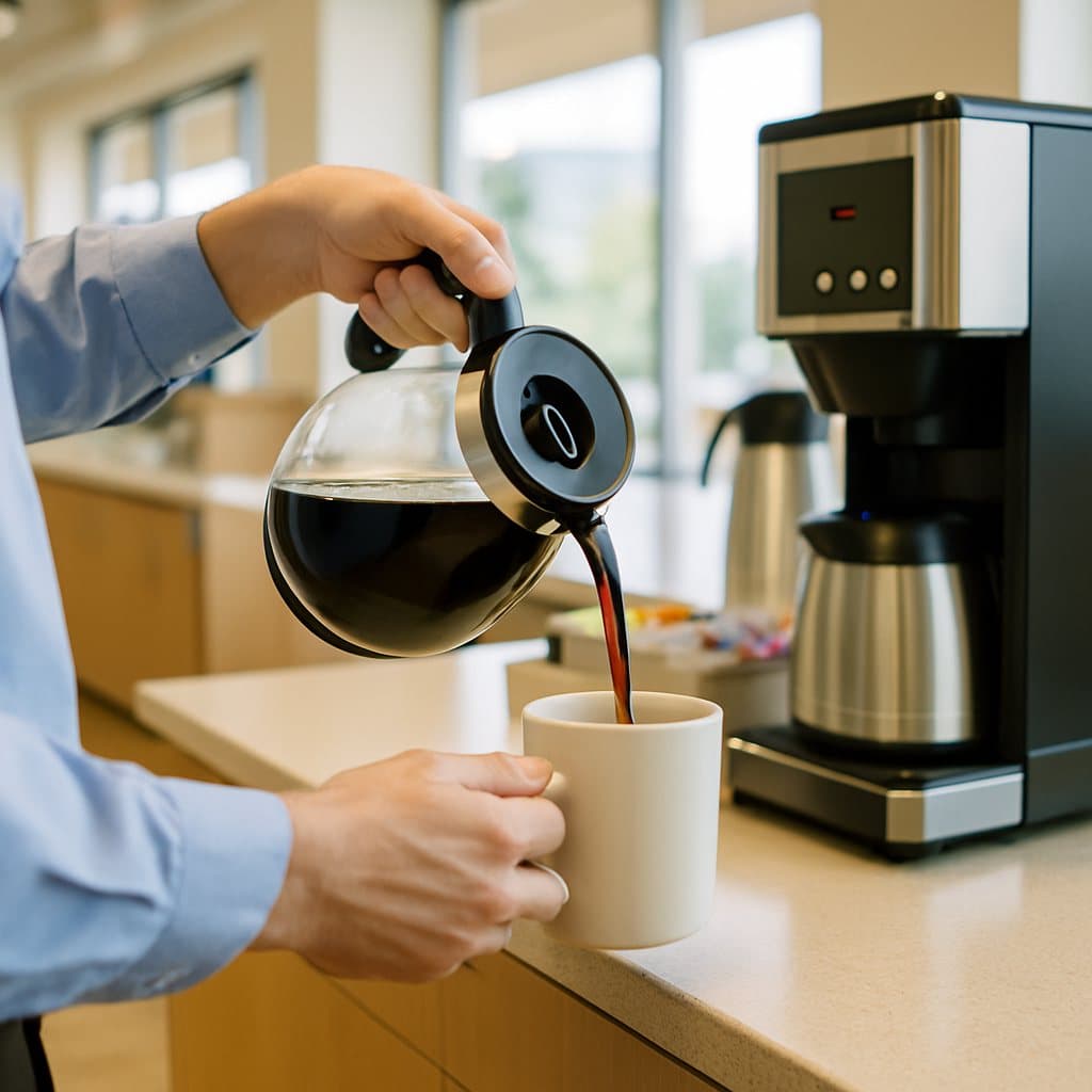 A client-ready coffee station on a sideboard in a Woodway, TX wealth management office