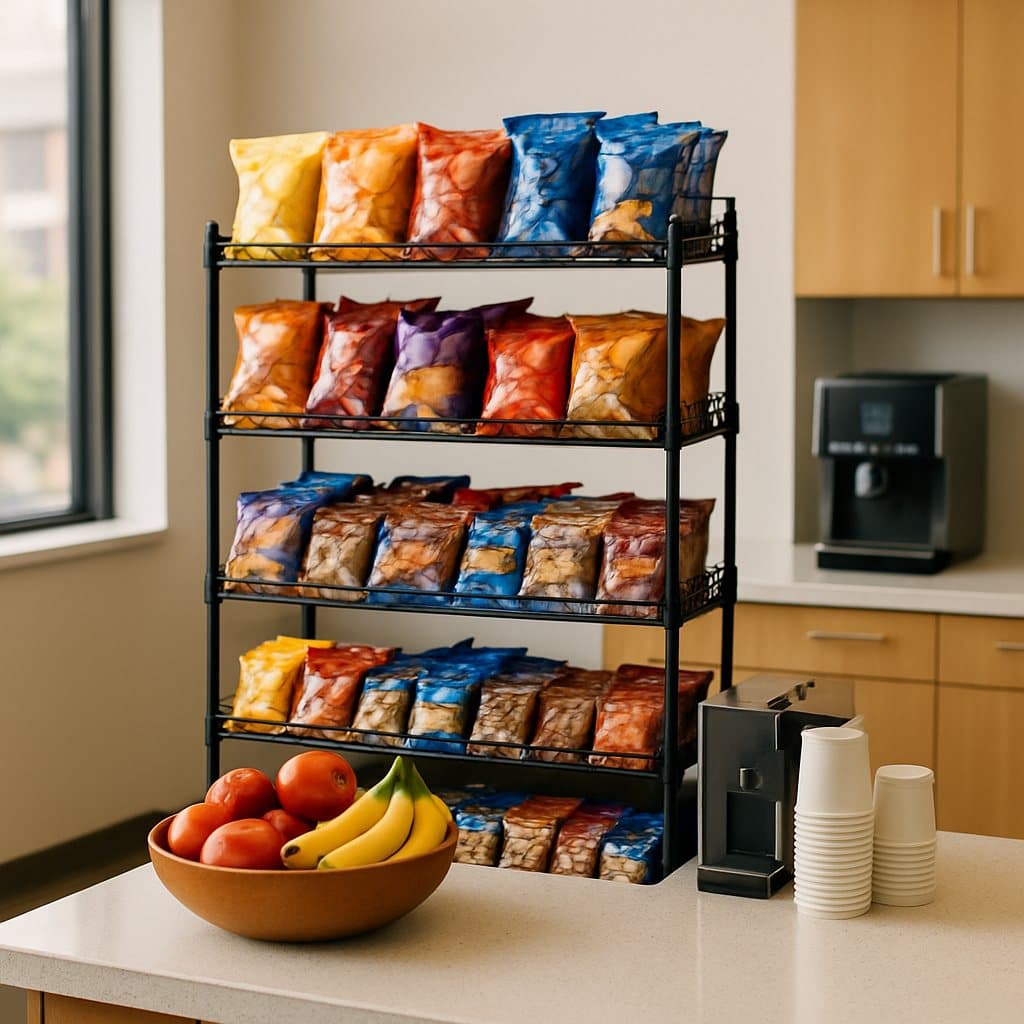 A neatly stocked office pantry shelf with snacks, drinks, and coffee in a Woodway, TX professional office