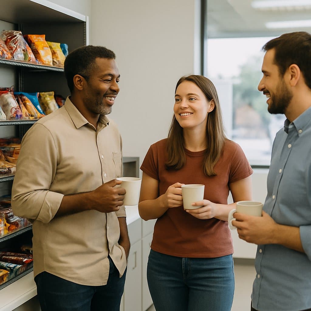 A stocked company pantry with snacks, coffee, and drinks that employees enjoy daily in a Waco, TX office breakroom