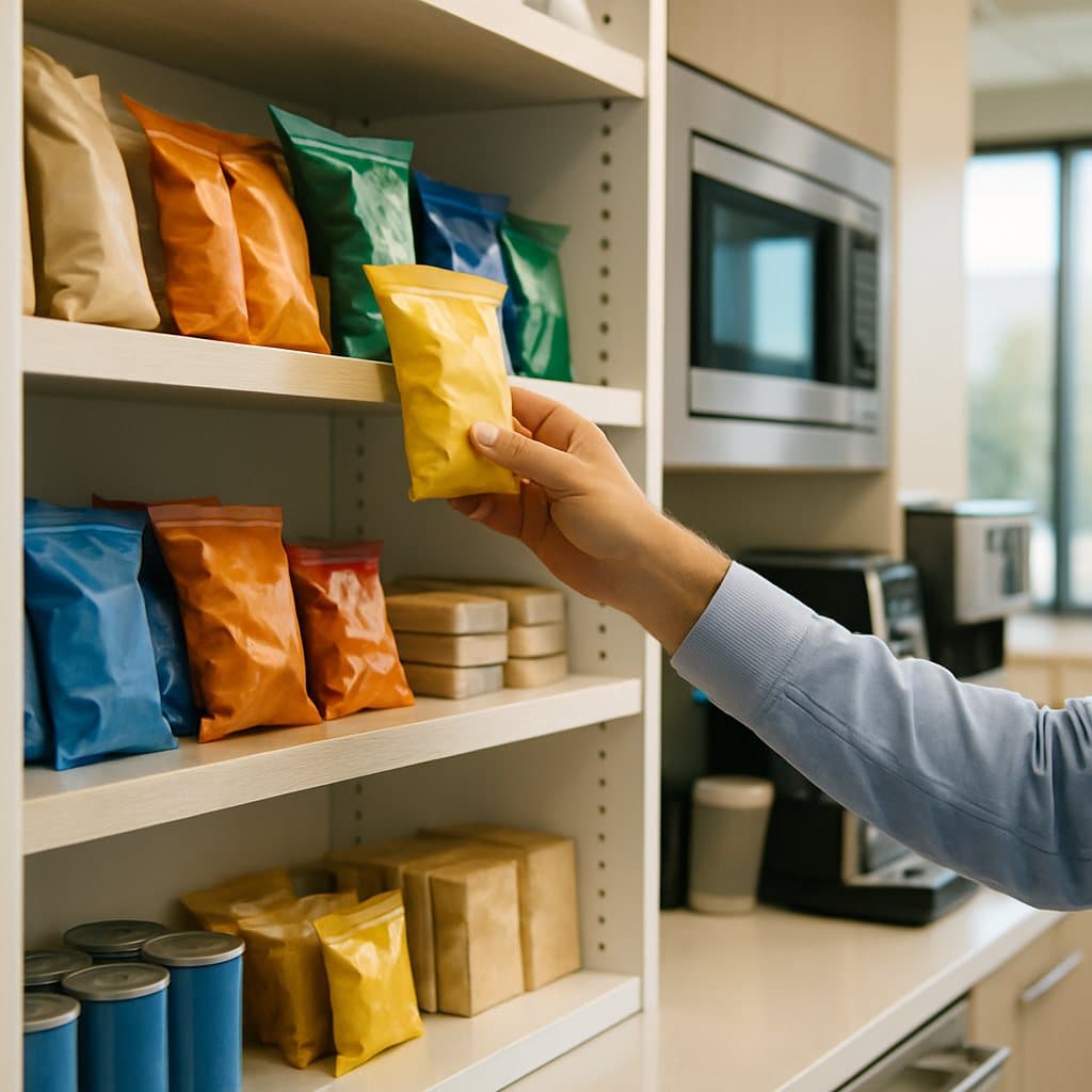 A stocked company pantry with snacks, drinks, and coffee in a growing Hewitt, TX office breakroom