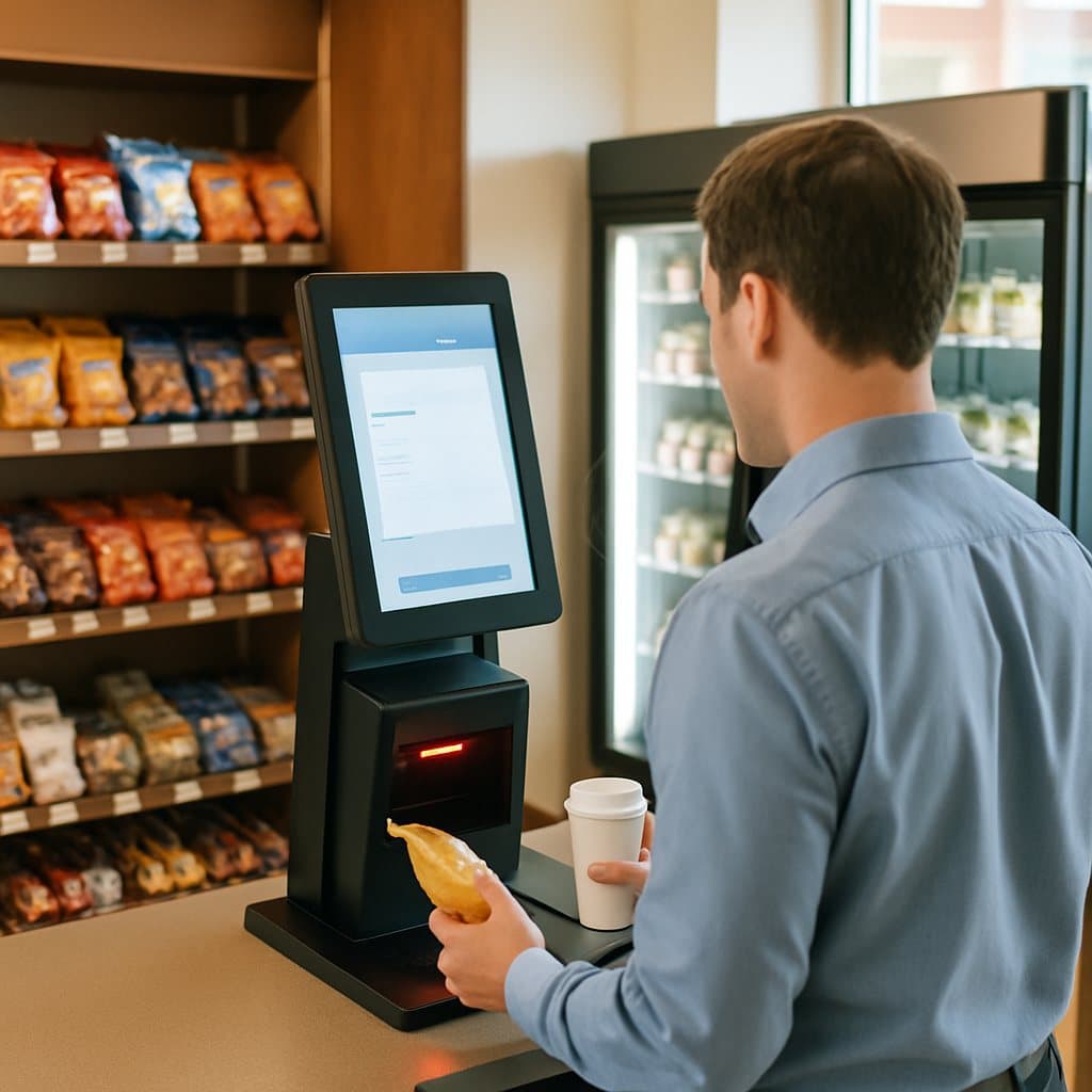 A side-by-side of a complimentary office pantry shelf and a self-checkout micro-market in a Waco, TX breakroom
