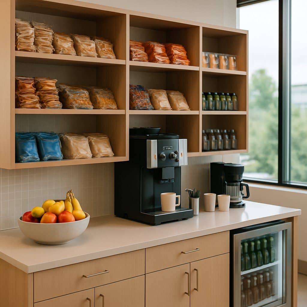 A welcoming school staff lounge with a coffee station and stocked snack shelf in Woodway, TX