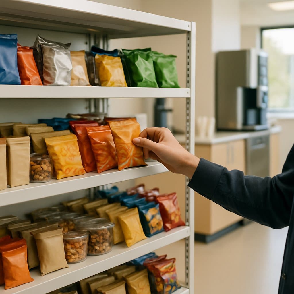 A welcoming Midway ISD teacher lounge in Hewitt, TX with a coffee station and a stocked snack shelf for staff