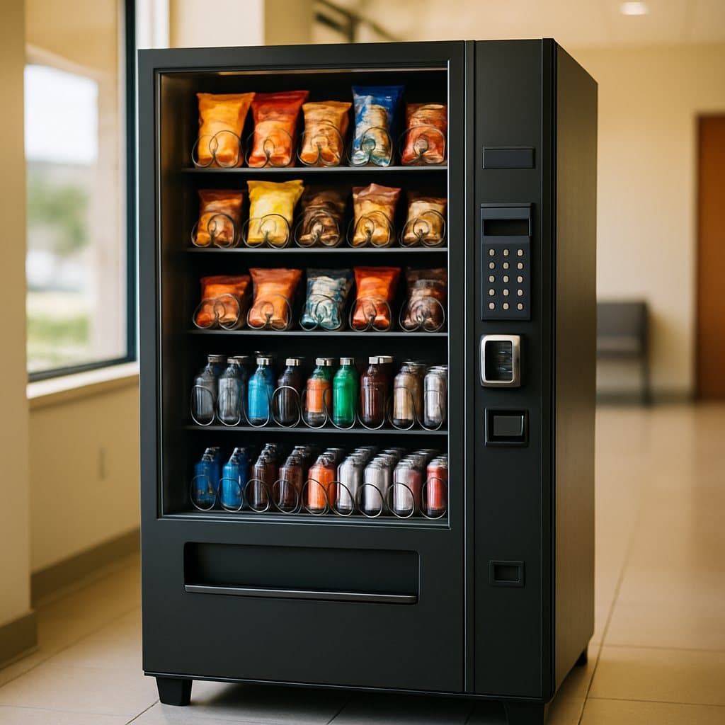 A single modern vending machine in a small Waco, TX business breakroom with a few employees on a quick break