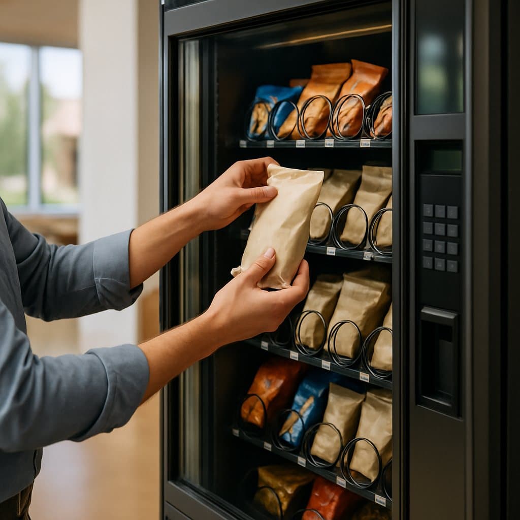 A cashless vending machine stocked with drinks and snacks in a Hewitt, TX distribution warehouse breakroom during a night shift