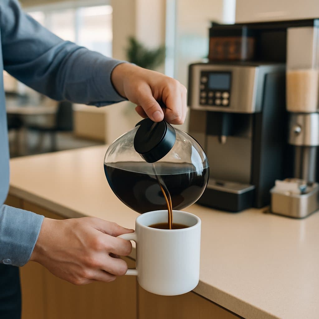 A fully stocked office coffee station with a brewer, cups, and supplies in a Waco, TX workplace breakroom