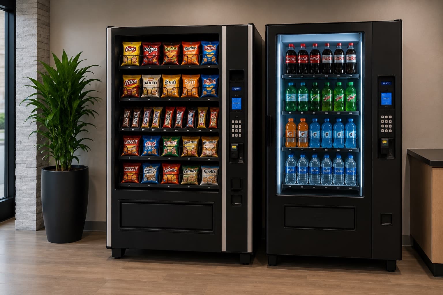 P1 Refreshments snack and beverage vending machines in a workplace breakroom serving businesses across Greater Waco