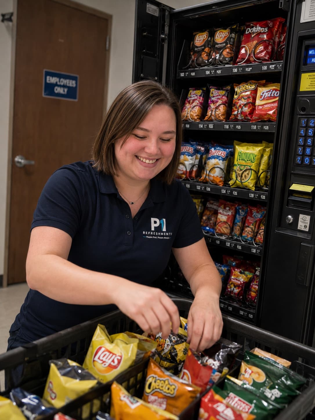 Brittany restocking snacks in a P1 Refreshments breakroom vending display