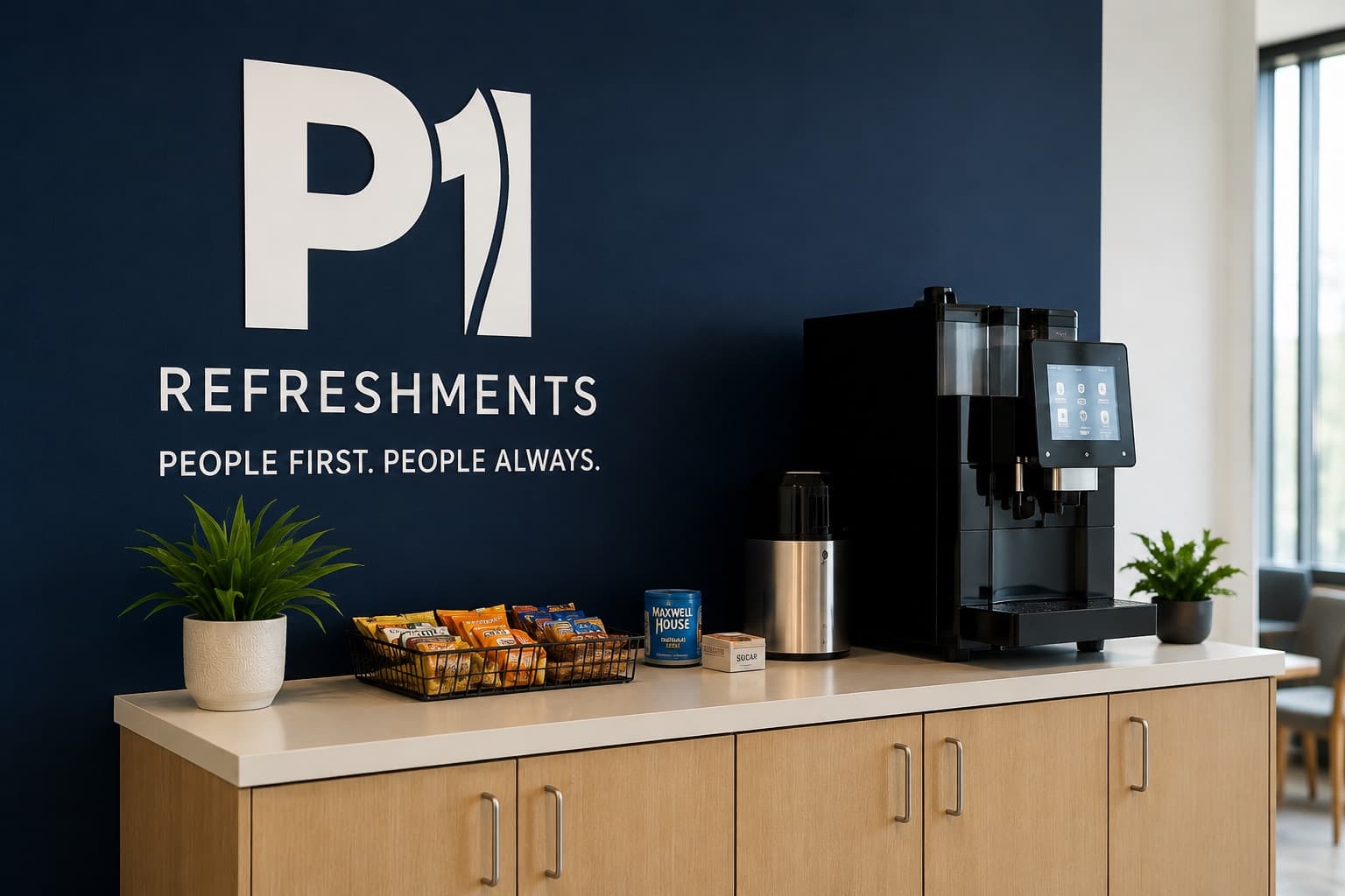 A bean-to-cup coffee machine on a P1 Refreshments office breakroom counter