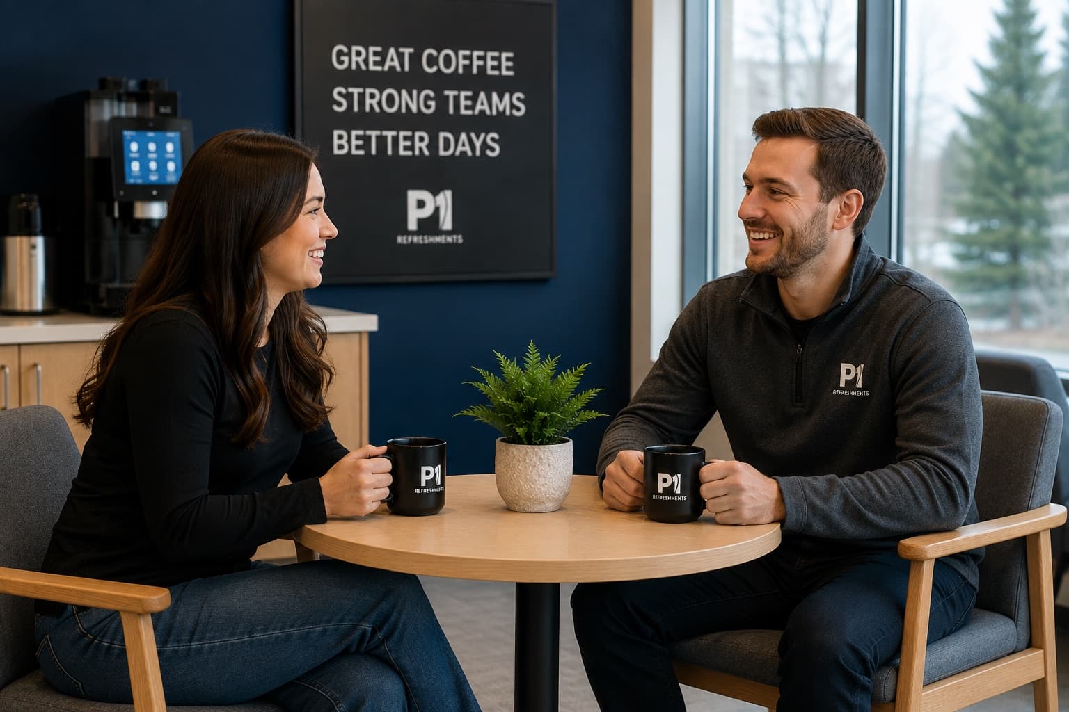 Two coworkers sharing P1 Refreshments coffee and conversation in a workplace break area