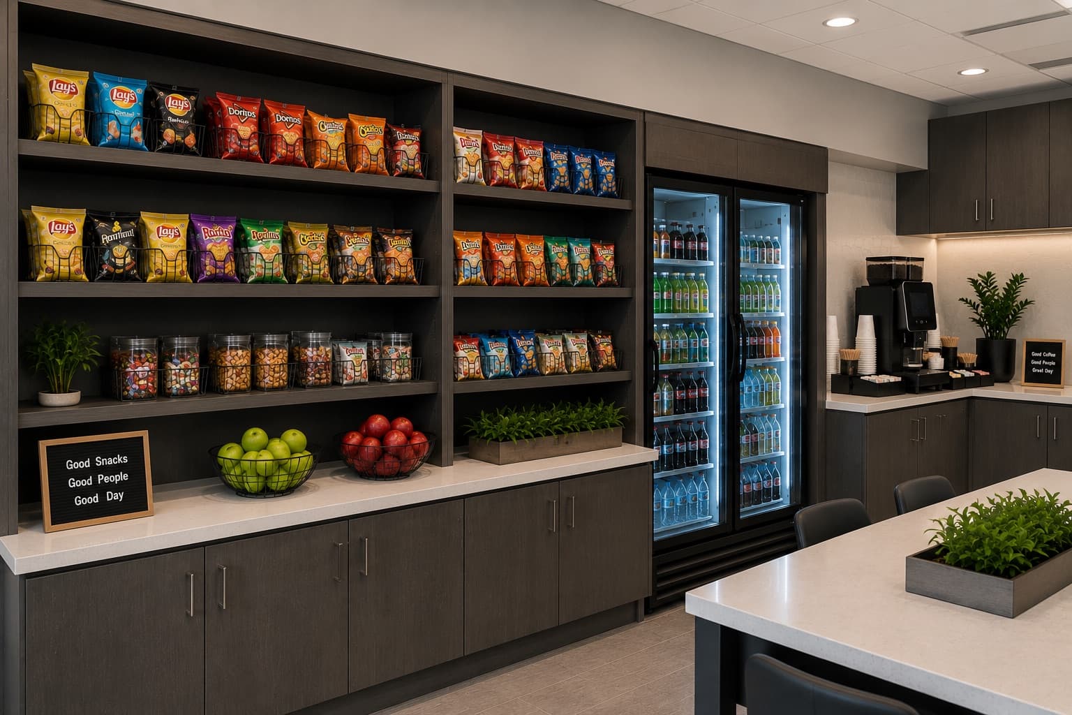 A refrigerated micro-market cooler stocked with fresh sandwiches, salads, and grab-and-go meals