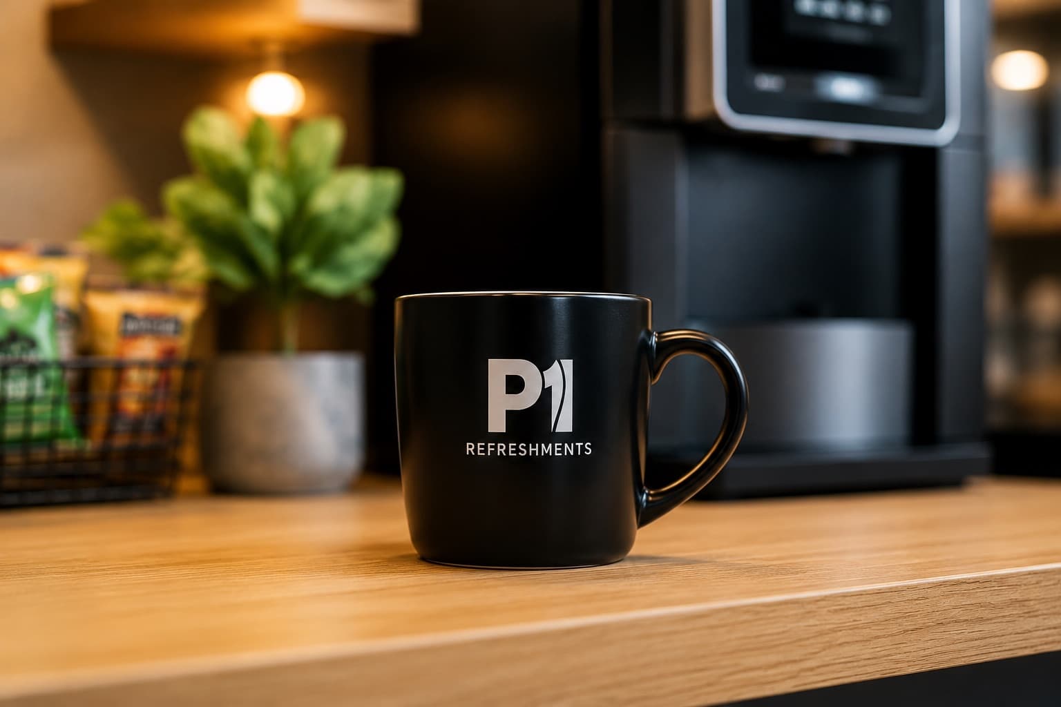 A P1 Refreshments branded coffee mug on a breakroom counter beside an office coffee station