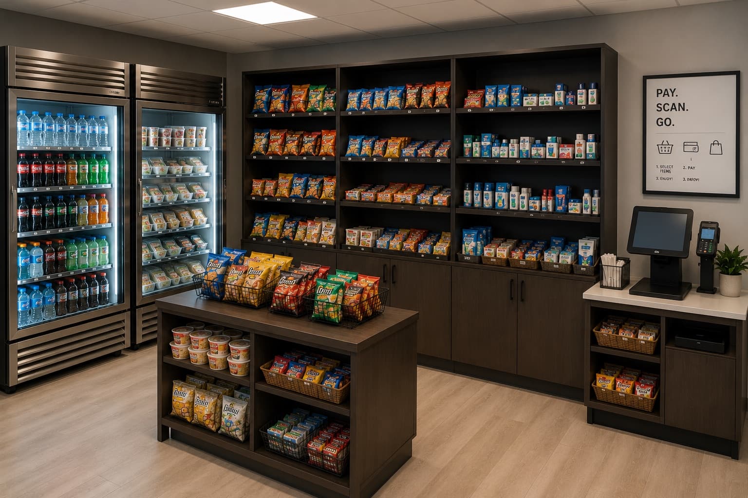 A fully stocked P1 Refreshments workplace micro-market with coolers, open shelving, and a self-checkout counter