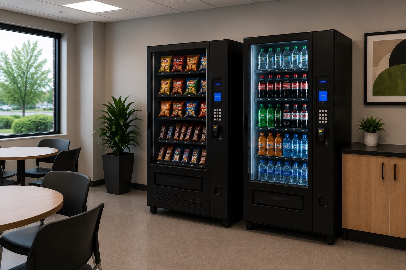 Modern P1 Refreshments snack and beverage vending machines in a bright workplace breakroom