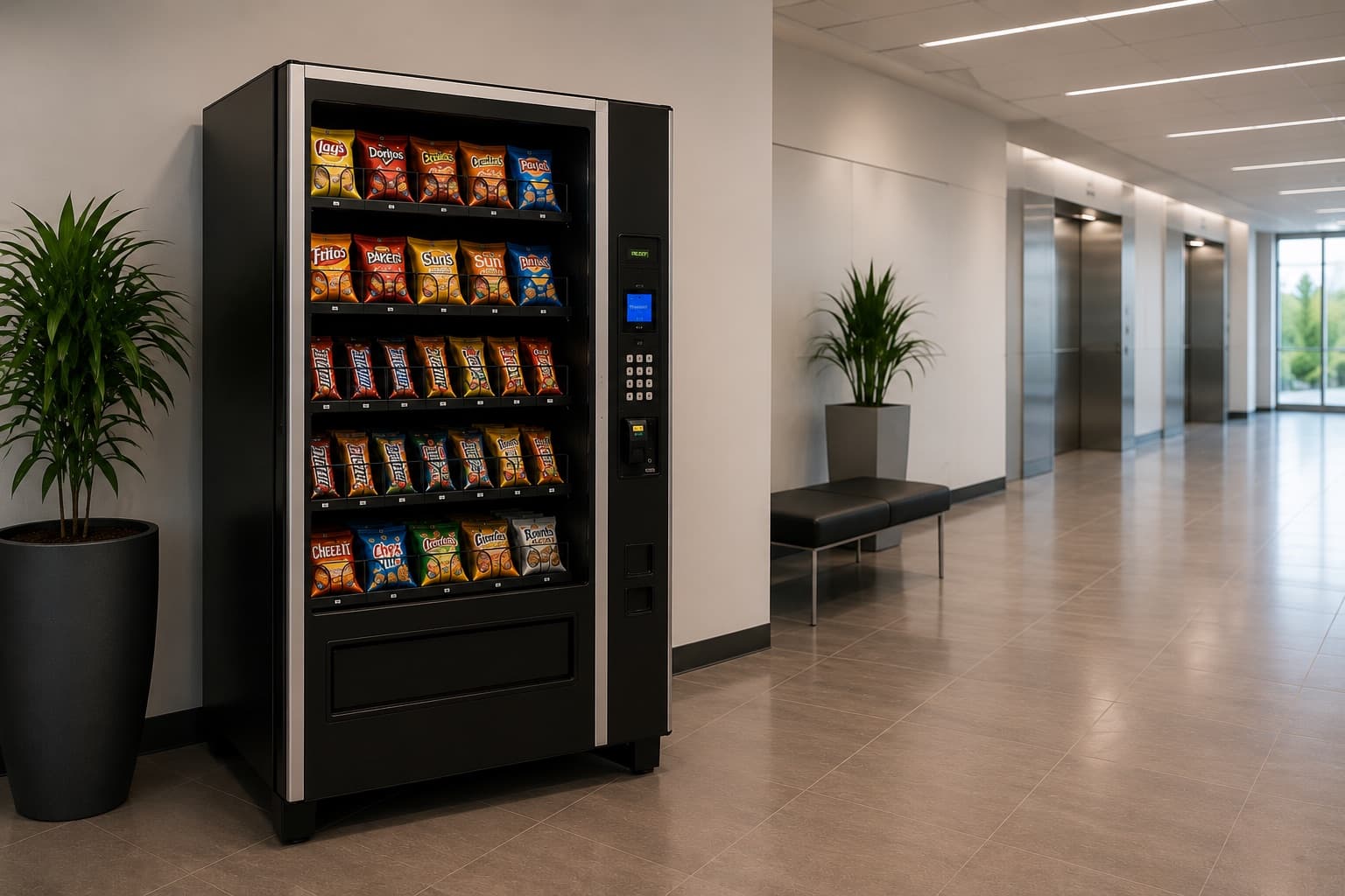 The cashless card-reader and keypad payment terminal on a P1 Refreshments self-service machine