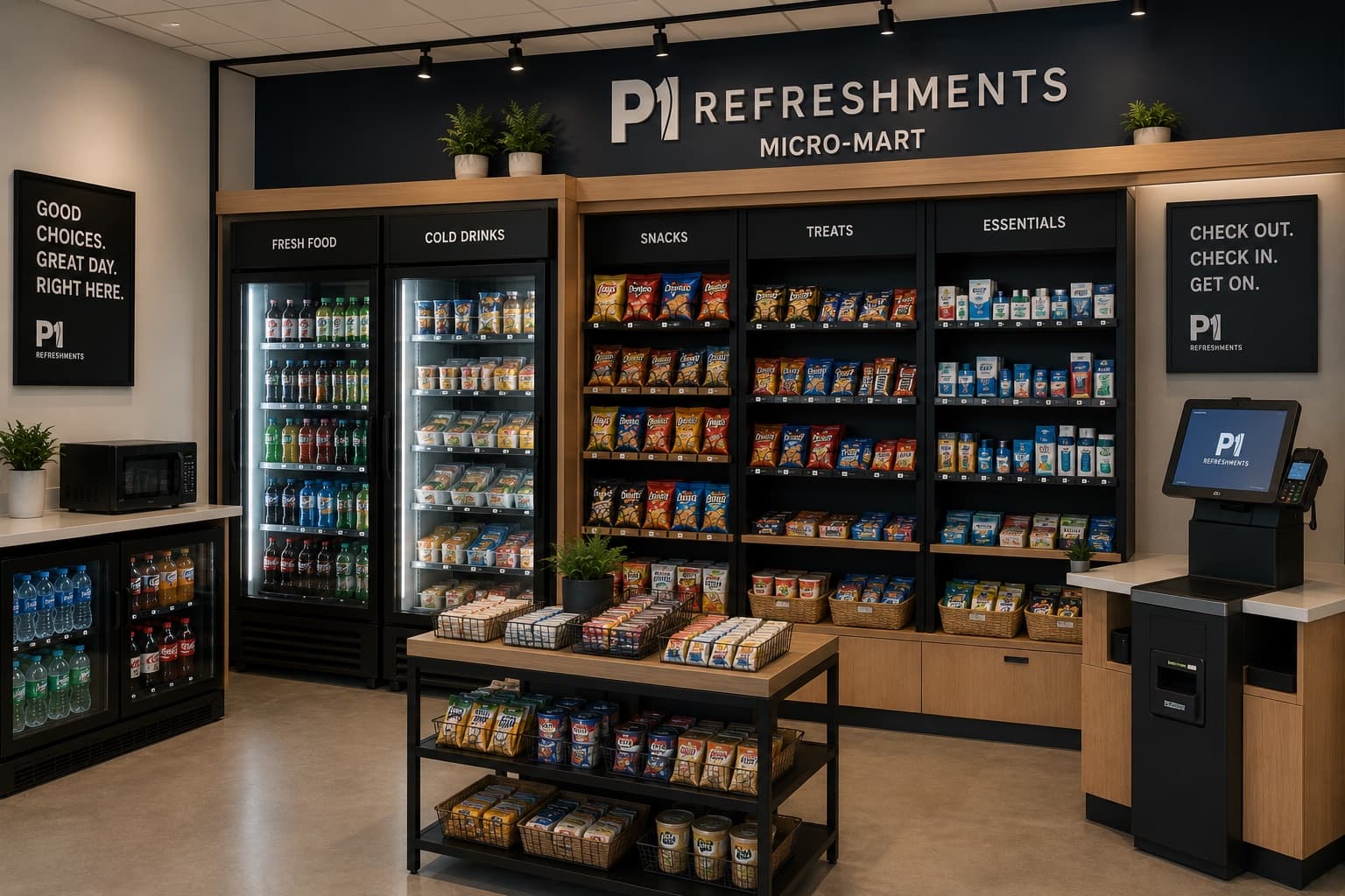 P1 Refreshments micro-market with open shelving, a refrigerated cooler, and a self-checkout kiosk