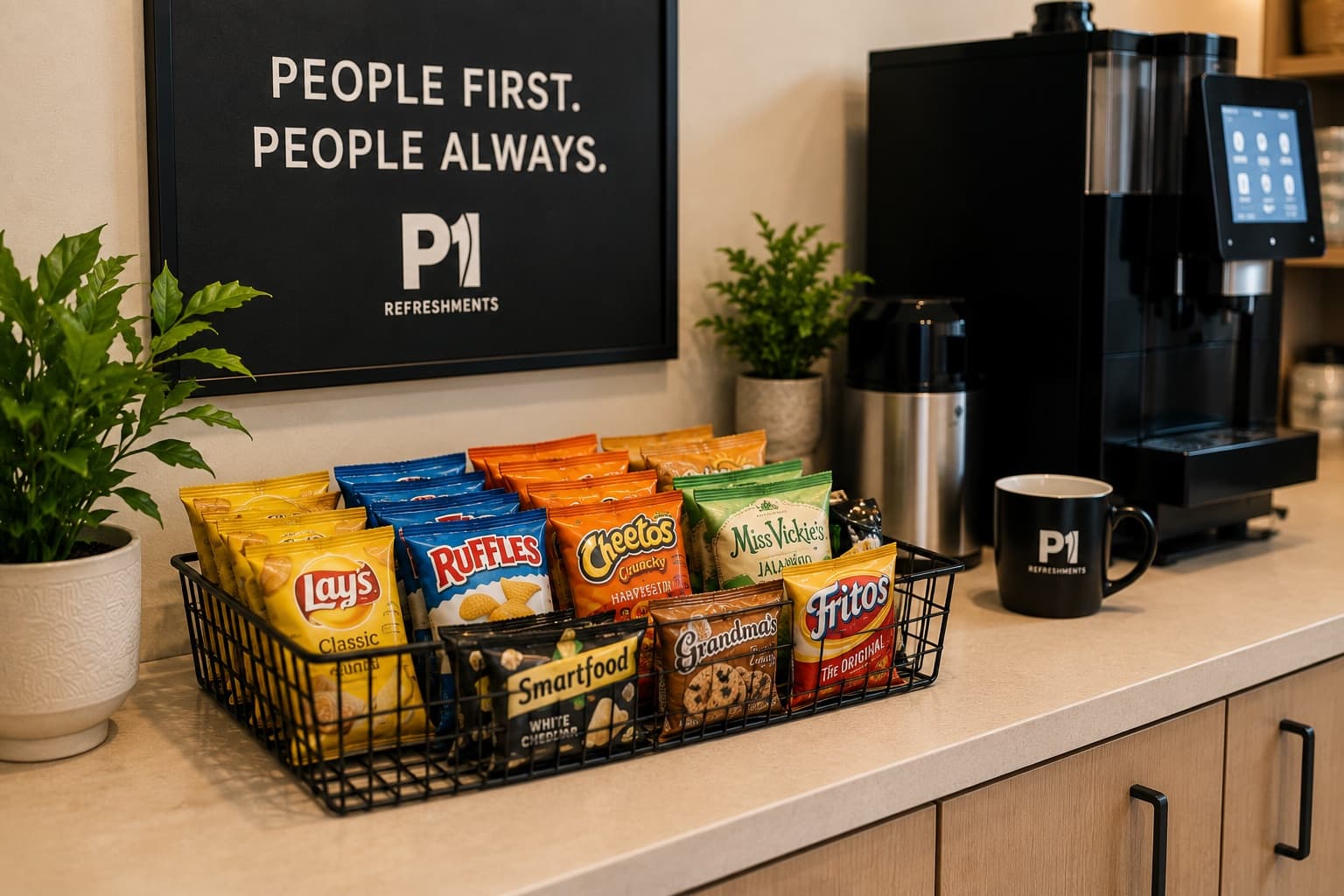 A P1 Refreshments snack basket and coffee station in a workplace breakroom beneath a People First, People Always sign
