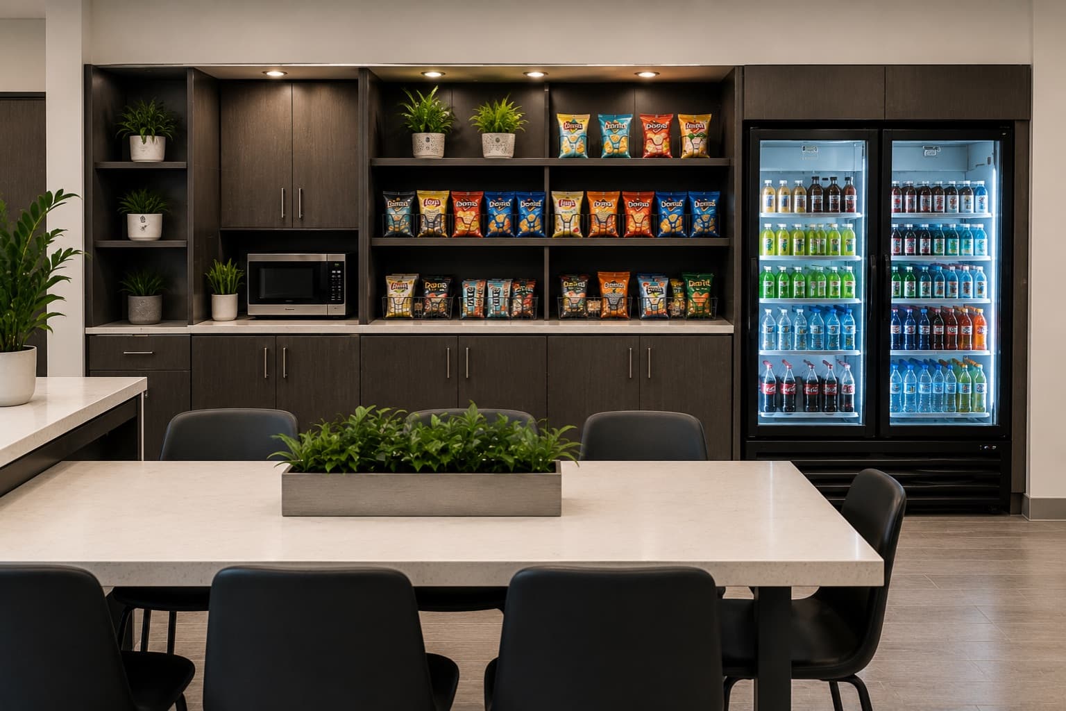A company-sponsored breakroom pantry stocked with snacks, drinks, and essentials by P1 Refreshments