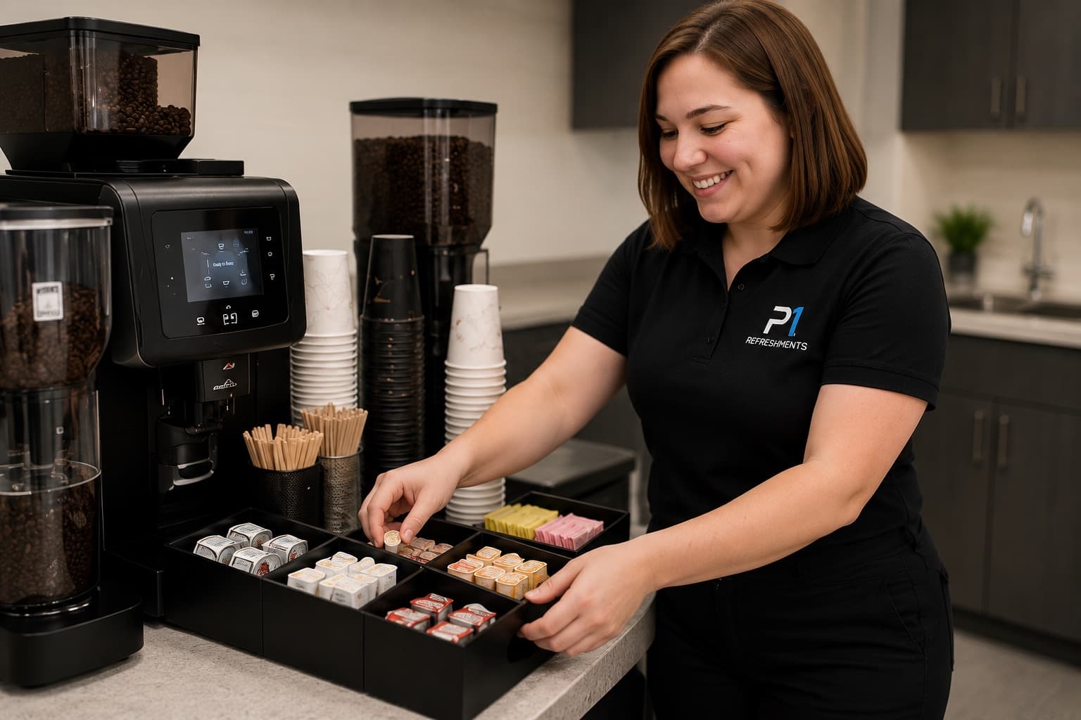 A P1 Refreshments team member setting up and servicing a workplace bean-to-cup coffee station