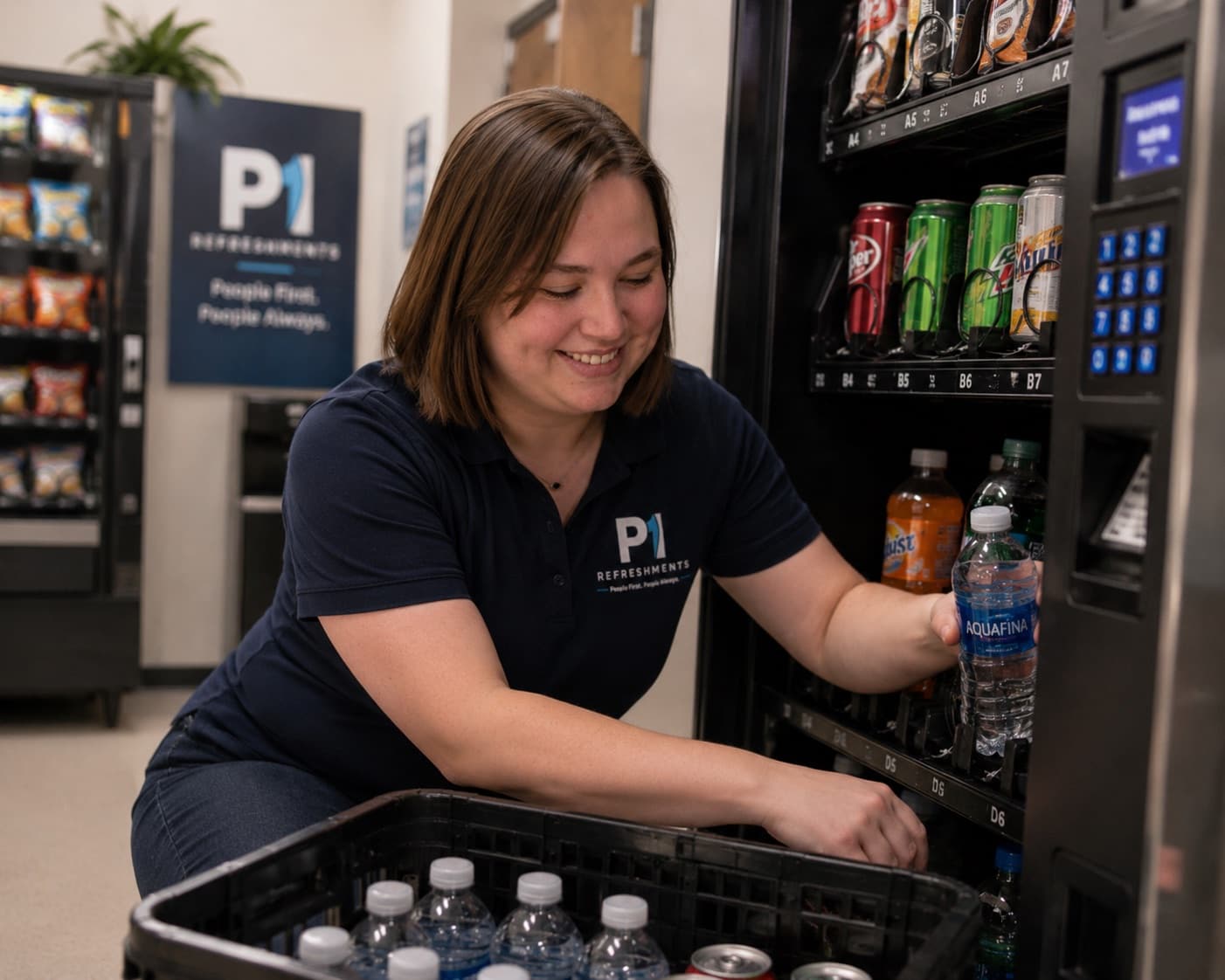 A P1 Refreshments team member restocking a workplace vending machine from a P1-branded tote