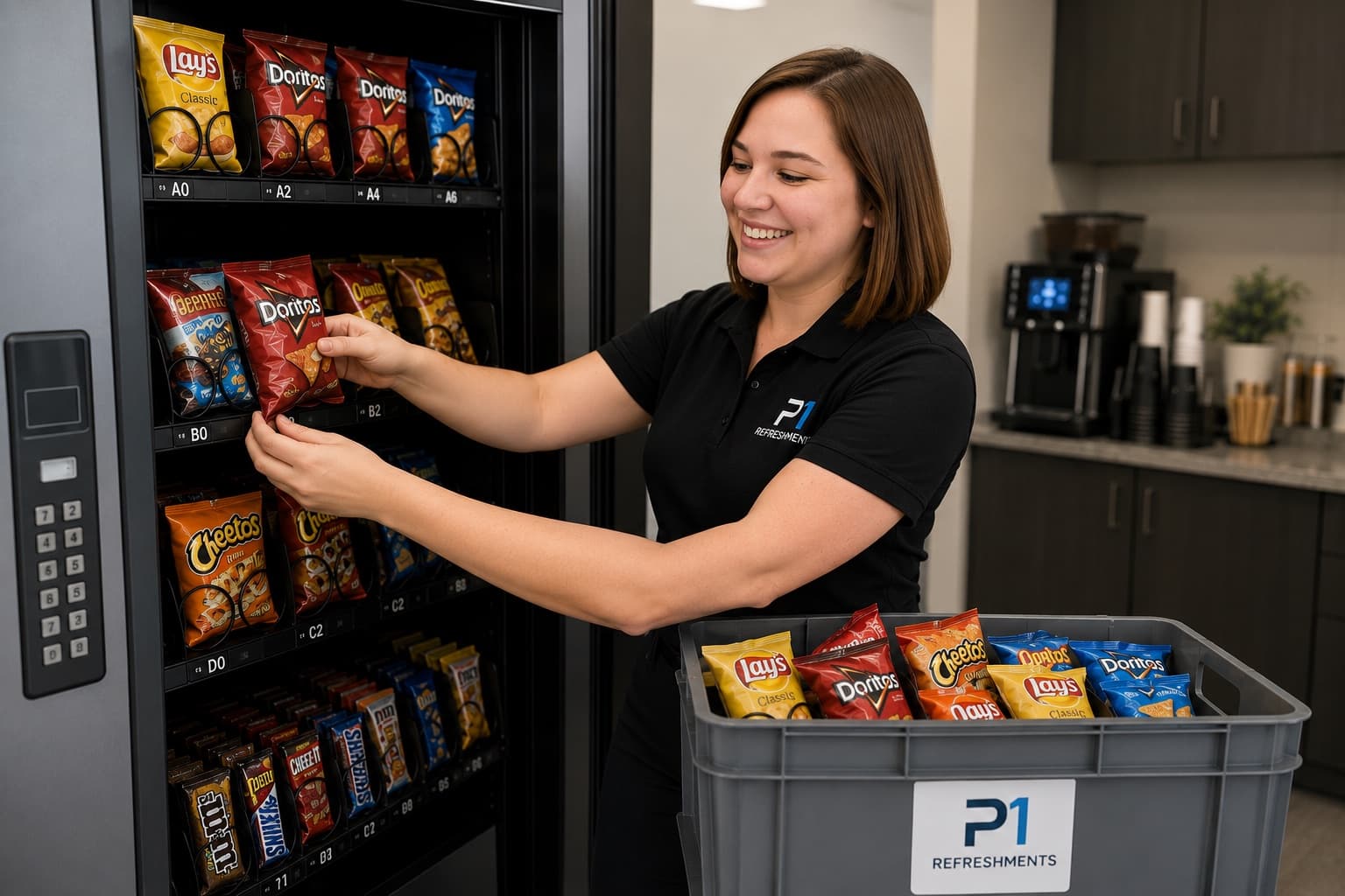 A P1 Refreshments team member restocking a workplace vending machine from a P1-branded tote