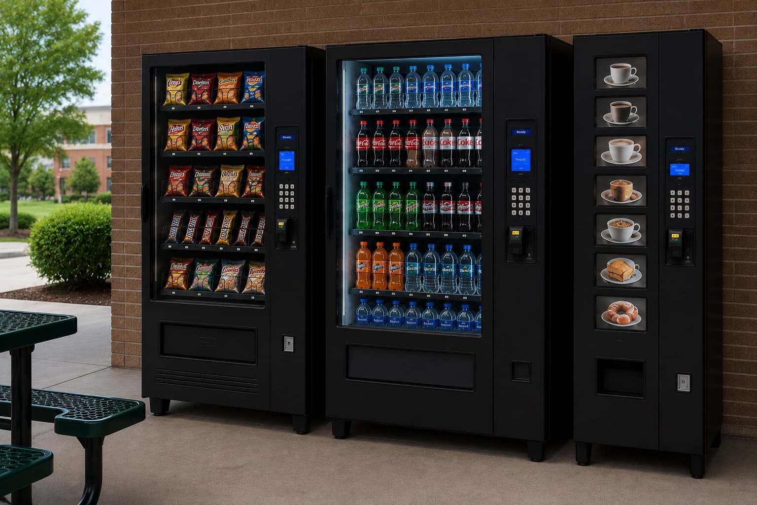 A lineup of P1 Refreshments snack, beverage, and coffee vending machines available to Greater Waco workplaces
